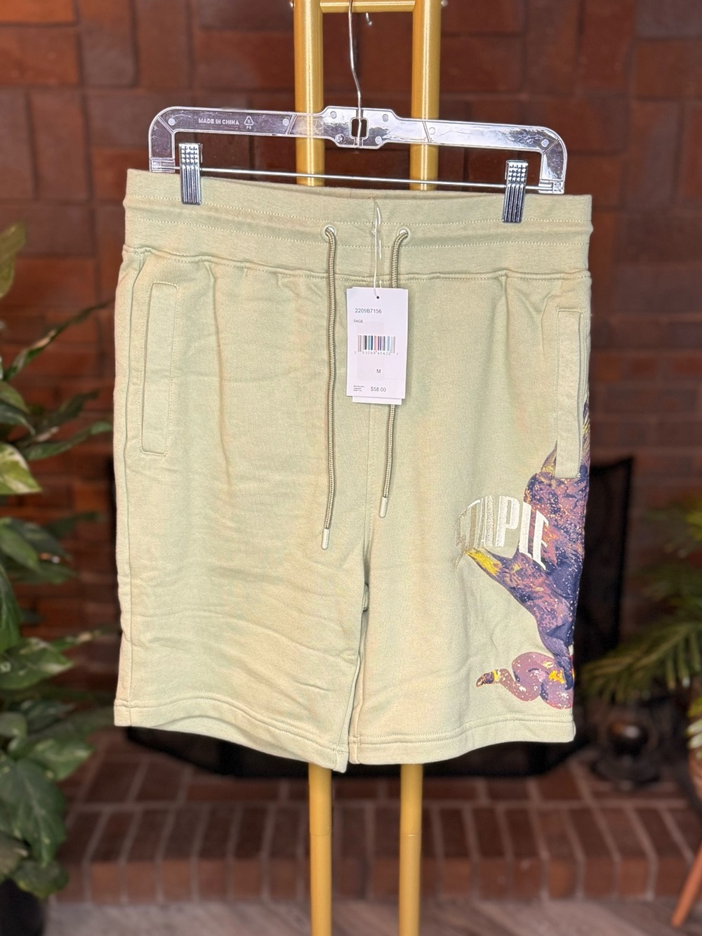 Staple Pigeon Embroidered Graphic Fleece Shorts Sage Men's Medium NWT